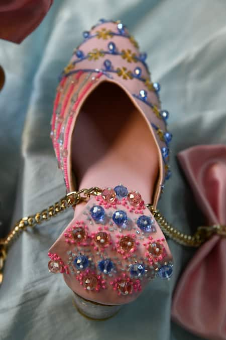 Buy_House Of Dhwni Singhvi_Pink Pearls, Beads, Cut Work Bow Embellished Heels _Online_at_Aza_Fashions