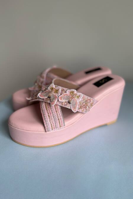 House Of Dhwni Singhvi_Pink Cut Work, Bows, Beads 3d Butterfly Embellished Wedges _Online_at_Aza_Fashions