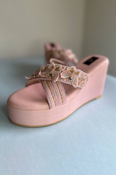 Shop_House Of Dhwni Singhvi_Pink Cut Work, Bows, Beads 3d Butterfly Embellished Wedges _Online_at_Aza_Fashions