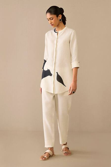 Ampm Ivory Linen Embroidery Mandarin Collar Bird Cow Pattern Shirt And Pant Set Online at Aza Fashions Ampm_Ivory Linen Embroidery Mandarin Collar Bird Cow Pattern Shirt And Pant Set _Online_at_Aza_Fashions