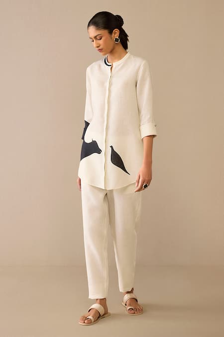 Shop Ampm Ivory Linen Embroidery Mandarin Collar Bird Cow Pattern Shirt And Pant Set Online at Aza Fashions Shop_Ampm_Ivory Linen Embroidery Mandarin Collar Bird Cow Pattern Shirt And Pant Set _Online_at_Aza_Fashions