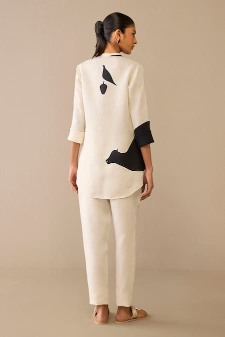 Shop Ampm Ivory Linen Embroidery Mandarin Collar Bird Cow Pattern Shirt And Pant Set at Aza Fashions Shop_Ampm_Ivory Linen Embroidery Mandarin Collar Bird Cow Pattern Shirt And Pant Set _at_Aza_Fashions