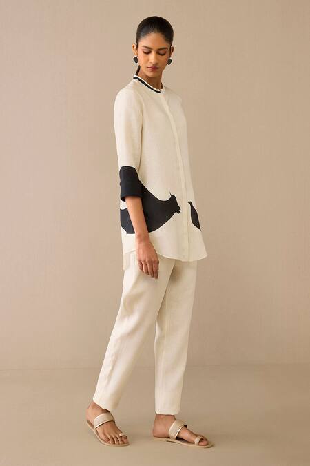 Ampm Ivory Linen Embroidery Mandarin Collar Bird Cow Pattern Shirt And Pant Set at Aza Fashions Ampm_Ivory Linen Embroidery Mandarin Collar Bird Cow Pattern Shirt And Pant Set _at_Aza_Fashions