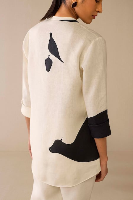 Buy Ampm Ivory Linen Embroidery Mandarin Collar Bird Cow Pattern Shirt And Pant Set Buy_Ampm_Ivory Linen Embroidery Mandarin Collar Bird Cow Pattern Shirt And Pant Set