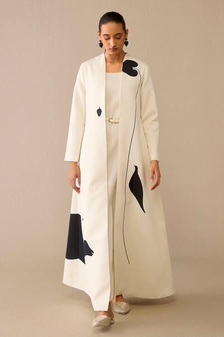 Ampm Ivory Cotton, Linen, Faux Leather Embroidery Cow Patterned Jacket And Dress Set Online at Aza Fashions Ampm_Ivory Cotton, Linen, Faux Leather Embroidery Cow Patterned Jacket And Dress Set _Online_at_Aza_Fashions