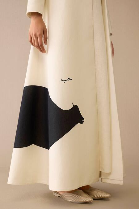 Shop Ampm Ivory Cotton, Linen, Faux Leather Embroidery Cow Patterned Jacket And Dress Set Online at Aza Fashions Shop_Ampm_Ivory Cotton, Linen, Faux Leather Embroidery Cow Patterned Jacket And Dress Set _Online_at_Aza_Fashions