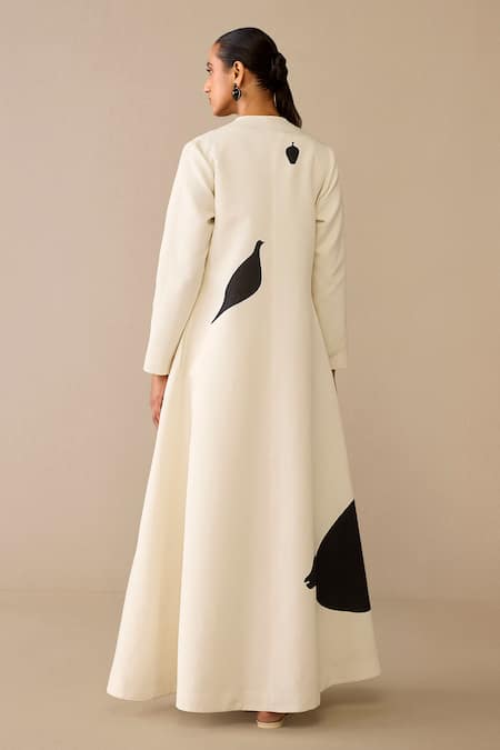 Shop Ampm Ivory Cotton, Linen, Faux Leather Embroidery Cow Patterned Jacket And Dress Set at Aza Fashions Shop_Ampm_Ivory Cotton, Linen, Faux Leather Embroidery Cow Patterned Jacket And Dress Set _at_Aza_Fashions