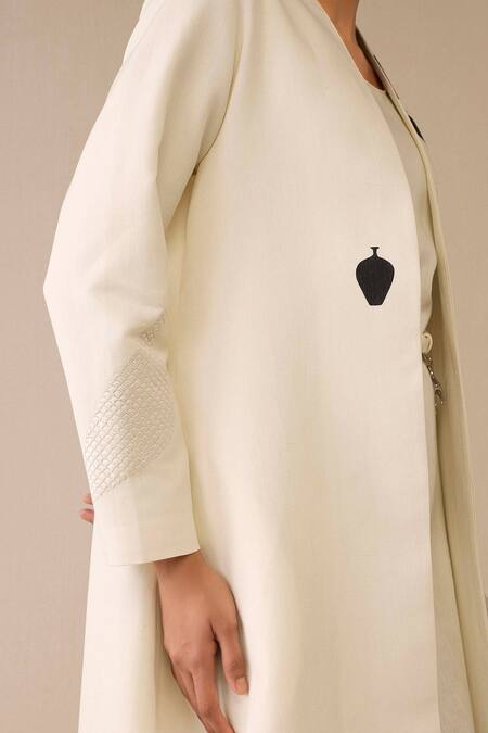 Ampm Ivory Cotton, Linen, Faux Leather Embroidery Cow Patterned Jacket And Dress Set at Aza Fashions Ampm_Ivory Cotton, Linen, Faux Leather Embroidery Cow Patterned Jacket And Dress Set _at_Aza_Fashions