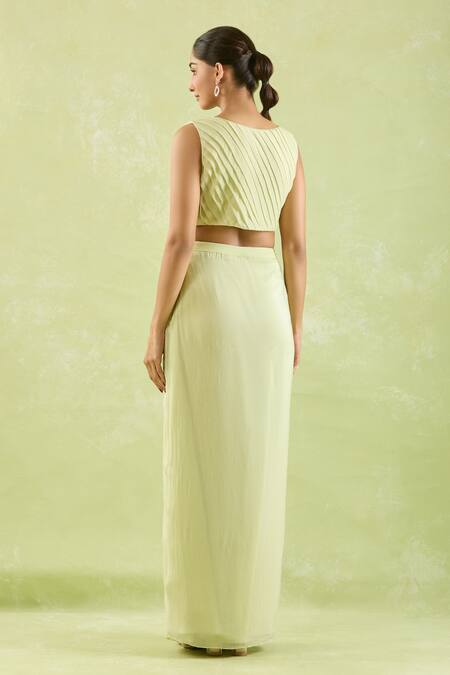 Shop Samyukta Singhania Green Crepe Embroidery V-neck Floral Hand Top And Asymmetric Skirt at Aza Fashions Shop_Samyukta Singhania_Green Crepe Embroidery V-neck Floral Hand Top And Asymmetric Skirt_at_Aza_Fashions