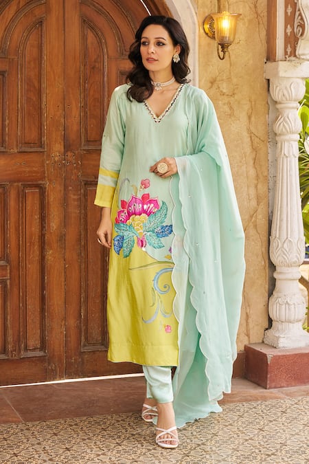 Shop Negra Elegante Blue Silk, Organza, Modal Sequins, Colorblock Floral Embroidered Kurta Set Online at Aza Fashions Shop_Negra Elegante_Blue Silk, Organza, Modal Sequins, Colorblock Floral Embroidered Kurta Set _Online_at_Aza_Fashions