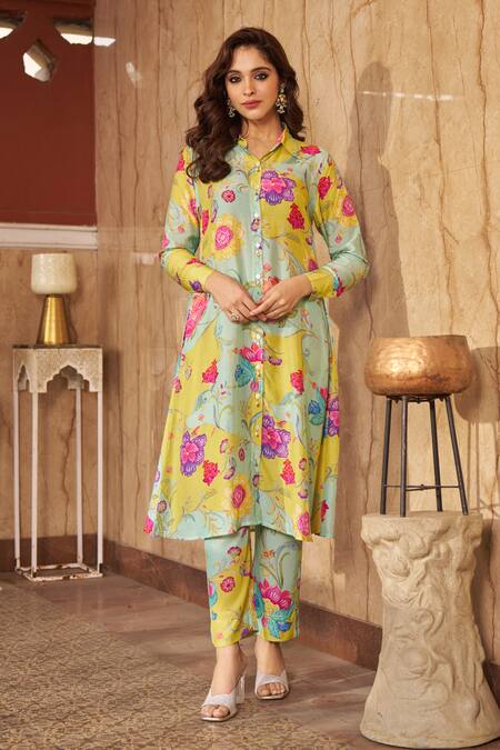 Buy Negra Elegante Blue Cotton, Silk Collared Floral Printed Kurta And Pant Set Online at Aza Fashions Buy_Negra Elegante_Blue Cotton, Silk Collared Floral Printed Kurta And Pant Set _Online_at_Aza_Fashions