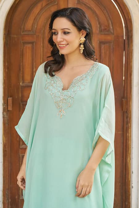 Negra Elegante Blue Georgette, Modal Zari, Embroidery Split V-neck Zardozi Kaftan And Pant Set Online at Aza Fashions Negra Elegante_Blue Georgette, Modal Zari, Embroidery Split V-neck Zardozi Kaftan And Pant Set _Online_at_Aza_Fashions
