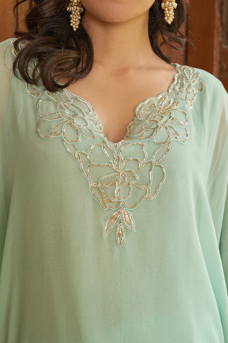 Shop Negra Elegante Blue Georgette, Modal Zari, Embroidery Split V-neck Zardozi Kaftan And Pant Set Online at Aza Fashions Shop_Negra Elegante_Blue Georgette, Modal Zari, Embroidery Split V-neck Zardozi Kaftan And Pant Set _Online_at_Aza_Fashions