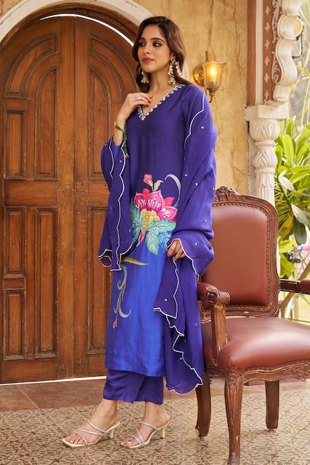Buy_Negra Elegante_Blue Silk, Modal, Organza Cut Work, Embroidery, Floral Placement Print Kurta Set _Online_at_Aza_Fashions
