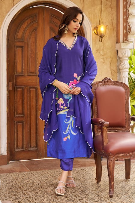 Shop_Negra Elegante_Blue Silk, Modal, Organza Cut Work, Embroidery, Floral Placement Print Kurta Set _Online_at_Aza_Fashions