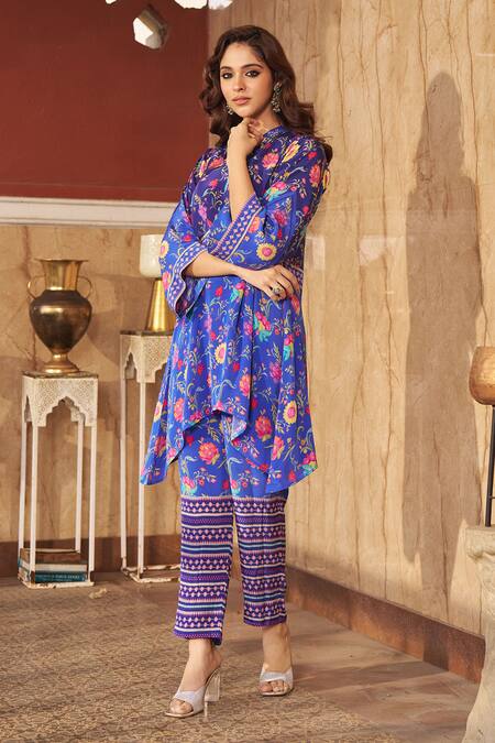 Negra Elegante Blue Cotton, Silk Embroidery Mandarin Collar Floral Print Kurta And Pant Set Online at Aza Fashions Negra Elegante_Blue Cotton, Silk Embroidery Mandarin Collar Floral Print Kurta And Pant Set _Online_at_Aza_Fashions