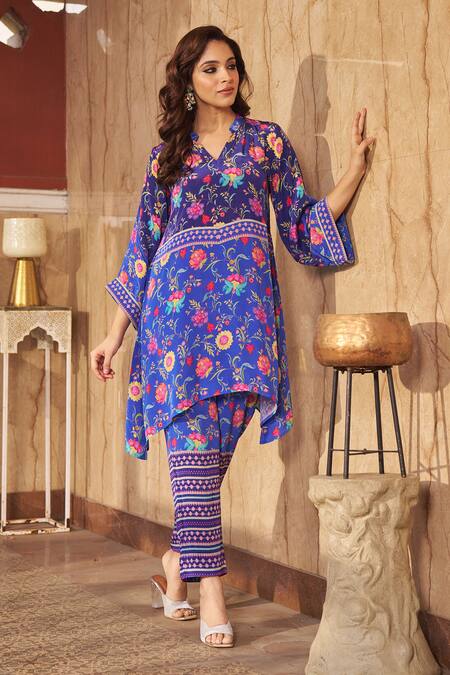 Buy Negra Elegante Blue Cotton, Silk Embroidery Mandarin Collar Floral Print Kurta And Pant Set Online at Aza Fashions Buy_Negra Elegante_Blue Cotton, Silk Embroidery Mandarin Collar Floral Print Kurta And Pant Set _Online_at_Aza_Fashions