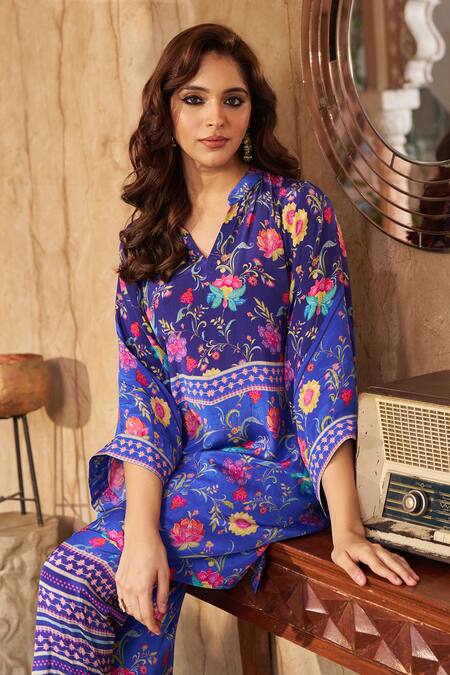 Shop Negra Elegante Blue Cotton, Silk Embroidery Mandarin Collar Floral Print Kurta And Pant Set Online at Aza Fashions Shop_Negra Elegante_Blue Cotton, Silk Embroidery Mandarin Collar Floral Print Kurta And Pant Set _Online_at_Aza_Fashions