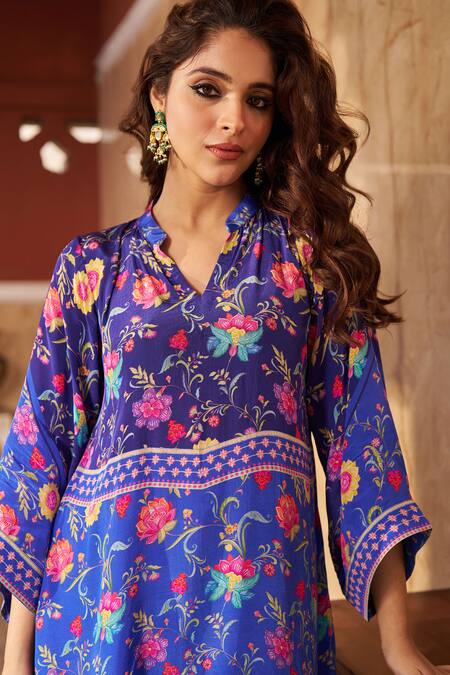 Buy Negra Elegante Blue Cotton, Silk Embroidery Mandarin Collar Floral Print Kurta And Pant Set Buy_Negra Elegante_Blue Cotton, Silk Embroidery Mandarin Collar Floral Print Kurta And Pant Set