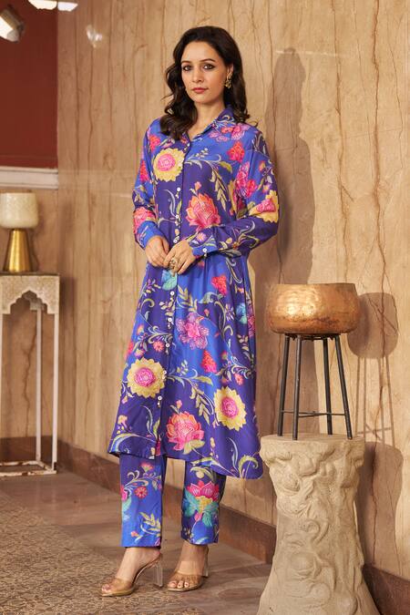 Buy_Negra Elegante_Blue Cotton, Silk Embroidery Collared Lotus Print Shirt Kurta And Pant Set _Online_at_Aza_Fashions