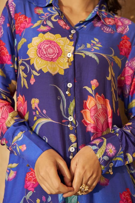 Shop_Negra Elegante_Blue Cotton, Silk Embroidery Collared Lotus Print Shirt Kurta And Pant Set _Online_at_Aza_Fashions