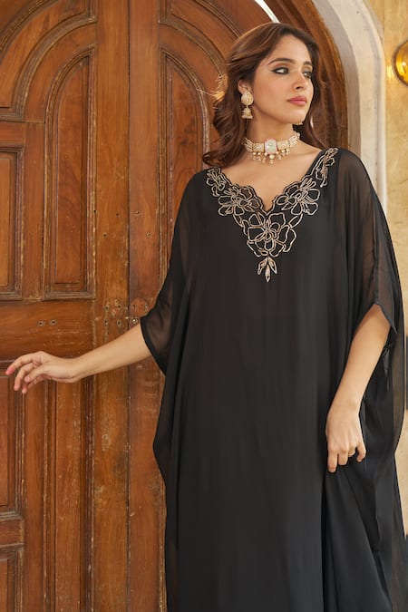 Negra Elegante Black Georgette, Cotton, Modal Zari V-neck Zardozi Embroidered Kaftan And Pant Set Online at Aza Fashions Negra Elegante_Black Georgette, Cotton, Modal Zari V-neck Zardozi Embroidered Kaftan And Pant Set _Online_at_Aza_Fashions