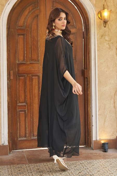 Buy Negra Elegante Black Georgette, Cotton, Modal Zari V-neck Zardozi Embroidered Kaftan And Pant Set Online at Aza Fashions Buy_Negra Elegante_Black Georgette, Cotton, Modal Zari V-neck Zardozi Embroidered Kaftan And Pant Set _Online_at_Aza_Fashions