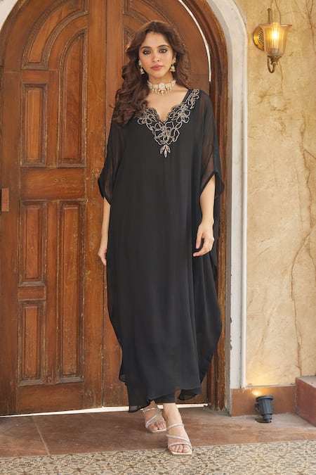 Shop Negra Elegante Black Georgette, Cotton, Modal Zari V-neck Zardozi Embroidered Kaftan And Pant Set Online at Aza Fashions Shop_Negra Elegante_Black Georgette, Cotton, Modal Zari V-neck Zardozi Embroidered Kaftan And Pant Set _Online_at_Aza_Fashions