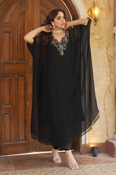 Negra Elegante Black Georgette, Cotton, Modal Zari V-neck Zardozi Embroidered Kaftan And Pant Set at Aza Fashions Negra Elegante_Black Georgette, Cotton, Modal Zari V-neck Zardozi Embroidered Kaftan And Pant Set _at_Aza_Fashions