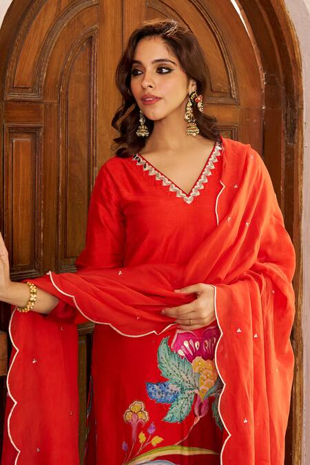 Negra Elegante Orange Silk, Modal, Organza Cut Work, Embroidery V-neck Burnt Floral Kurta Set Online at Aza Fashions Negra Elegante_Orange Silk, Modal, Organza Cut Work, Embroidery V-neck Burnt Floral Kurta Set _Online_at_Aza_Fashions