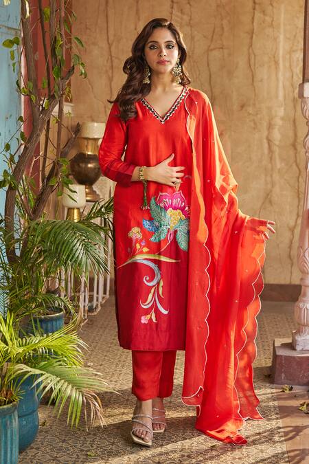 Buy Negra Elegante Orange Silk, Modal, Organza Cut Work, Embroidery V-neck Burnt Floral Kurta Set Online at Aza Fashions Buy_Negra Elegante_Orange Silk, Modal, Organza Cut Work, Embroidery V-neck Burnt Floral Kurta Set _Online_at_Aza_Fashions