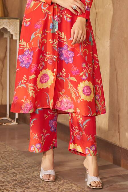 Negra Elegante Orange Cotton, Silk Embroidery Collared Burnt Garden Print Kurta Set Online at Aza Fashions Negra Elegante_Orange Cotton, Silk Embroidery Collared Burnt Garden Print Kurta Set _Online_at_Aza_Fashions