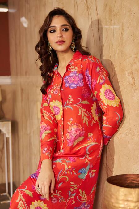 Shop Negra Elegante Orange Cotton, Silk Embroidery Collared Burnt Garden Print Kurta Set Online at Aza Fashions Shop_Negra Elegante_Orange Cotton, Silk Embroidery Collared Burnt Garden Print Kurta Set _Online_at_Aza_Fashions