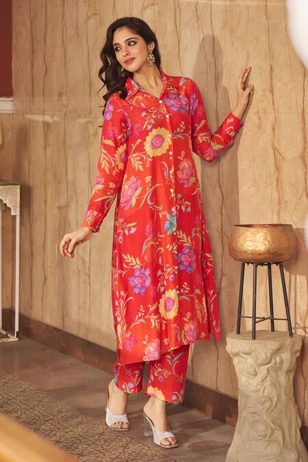Negra Elegante Orange Cotton, Silk Embroidery Collared Burnt Garden Print Kurta Set at Aza Fashions Negra Elegante_Orange Cotton, Silk Embroidery Collared Burnt Garden Print Kurta Set _at_Aza_Fashions