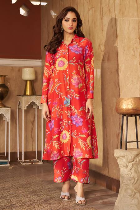 Buy Negra Elegante Orange Cotton, Silk Embroidery Collared Burnt Garden Print Kurta Set Buy_Negra Elegante_Orange Cotton, Silk Embroidery Collared Burnt Garden Print Kurta Set