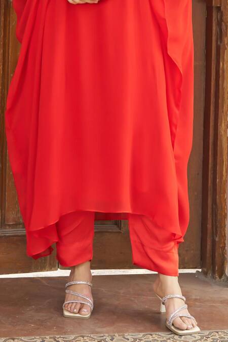 Negra Elegante_Orange Georgette, Cotton, Modal Embroidery V-neck Zardozi Kaftan And Pant Set _Online_at_Aza_Fashions