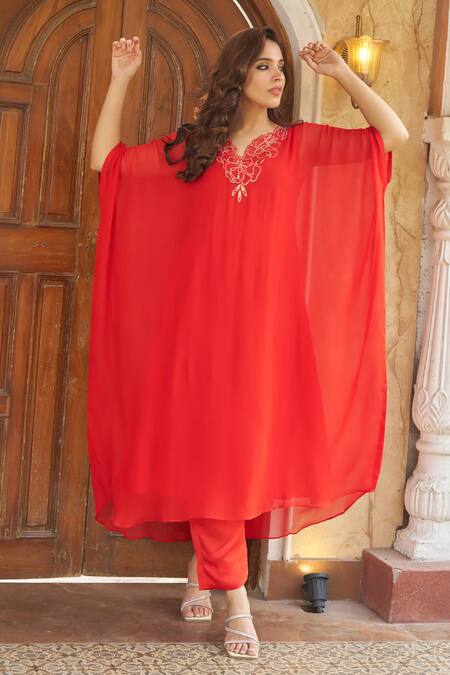 Buy_Negra Elegante_Orange Georgette, Cotton, Modal Embroidery V-neck Zardozi Kaftan And Pant Set _Online_at_Aza_Fashions