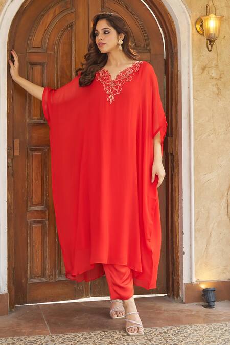 Shop_Negra Elegante_Orange Georgette, Cotton, Modal Embroidery V-neck Zardozi Kaftan And Pant Set _Online_at_Aza_Fashions