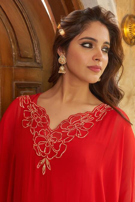 Negra Elegante_Orange Georgette, Cotton, Modal Embroidery V-neck Zardozi Kaftan And Pant Set _at_Aza_Fashions