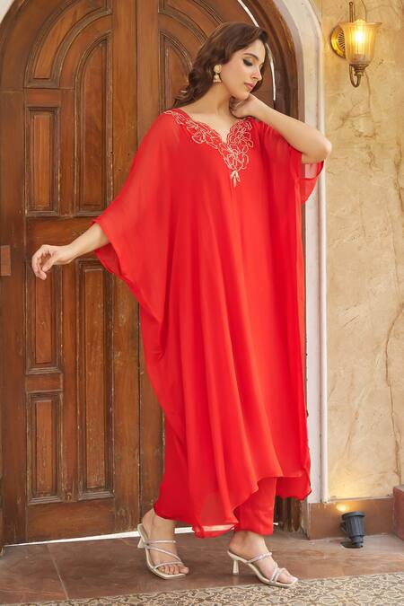 Buy_Negra Elegante_Orange Georgette, Cotton, Modal Embroidery V-neck Zardozi Kaftan And Pant Set 