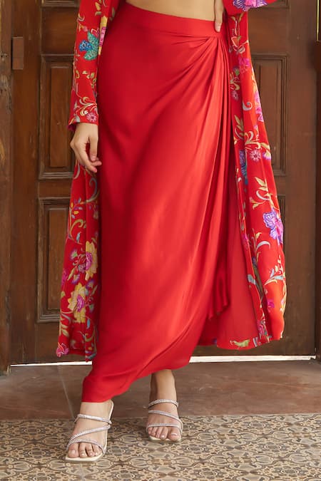 Negra Elegante_Orange Crepe, Modal Embroidery Open Floral Printed Jacket And Draped Skirt Set _Online_at_Aza_Fashions