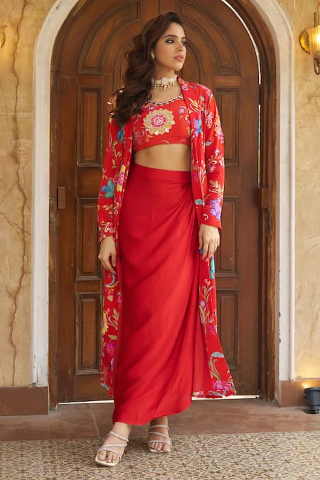 Shop_Negra Elegante_Orange Crepe, Modal Embroidery Open Floral Printed Jacket And Draped Skirt Set _Online_at_Aza_Fashions
