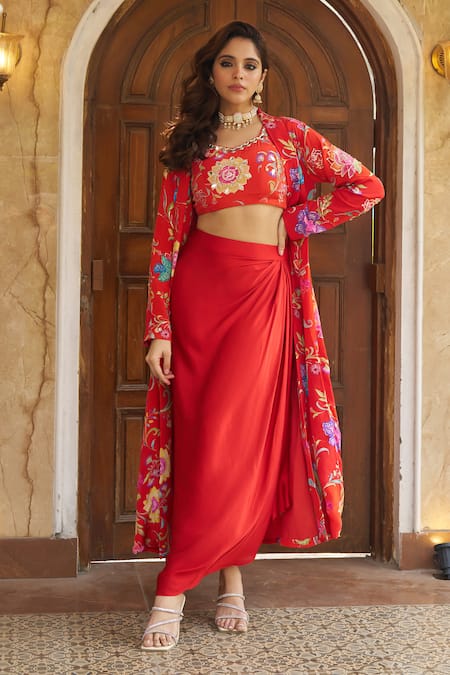 Buy_Negra Elegante_Orange Crepe, Modal Embroidery Open Floral Printed Jacket And Draped Skirt Set 