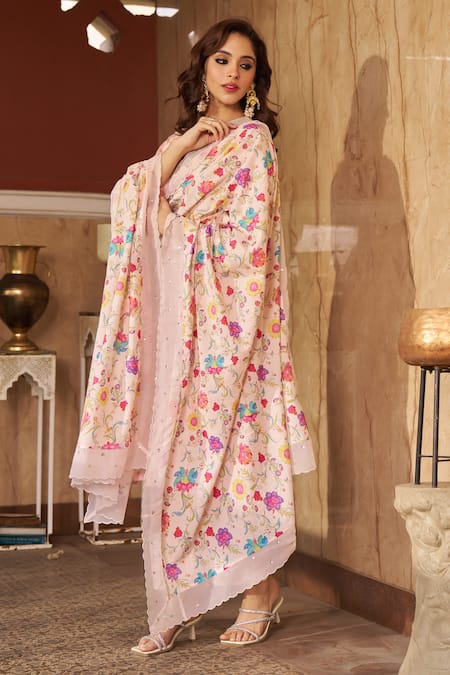 Shop_Negra Elegante_Pink Cotton, Silk Zari, Cut Work, Abstract Print Kurta Set With Dupatta _at_Aza_Fashions