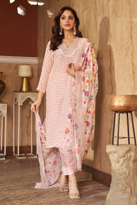 Buy_Negra Elegante_Pink Cotton, Silk Zari, Cut Work, Abstract Print Kurta Set With Dupatta 