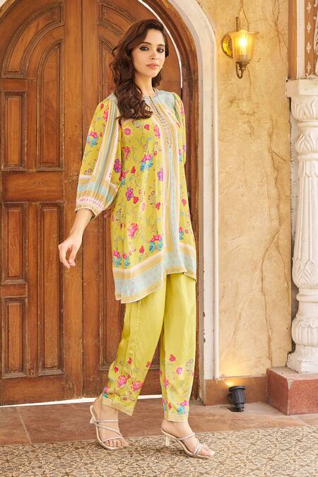 Buy_Negra Elegante_Yellow Crepe Embroidery Round Neck Floral Printed Kurta Set _Online_at_Aza_Fashions