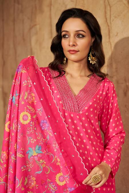 Buy_Negra Elegante_Pink Cotton, Silk, Muslin, Chiffon Embroidery, Zari, Abstract Kurta Pant Set _Online_at_Aza_Fashions