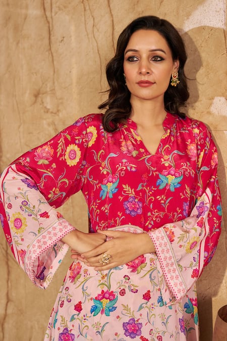 Shop Negra Elegante Pink Cotton, Silk Embroidery Mandarin Collar Floral Printed Kurta Set Online at Aza Fashions Shop_Negra Elegante_Pink Cotton, Silk Embroidery Mandarin Collar Floral Printed Kurta Set _Online_at_Aza_Fashions