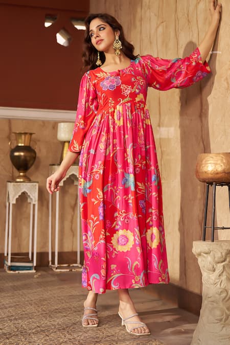 Negra Elegante Pink Cotton, Silk Sequins, Embroidery Round Floral Print Gathered Midi Dress Online at Aza Fashions Negra Elegante_Pink Cotton, Silk Sequins, Embroidery Round Floral Print Gathered Midi Dress _Online_at_Aza_Fashions
