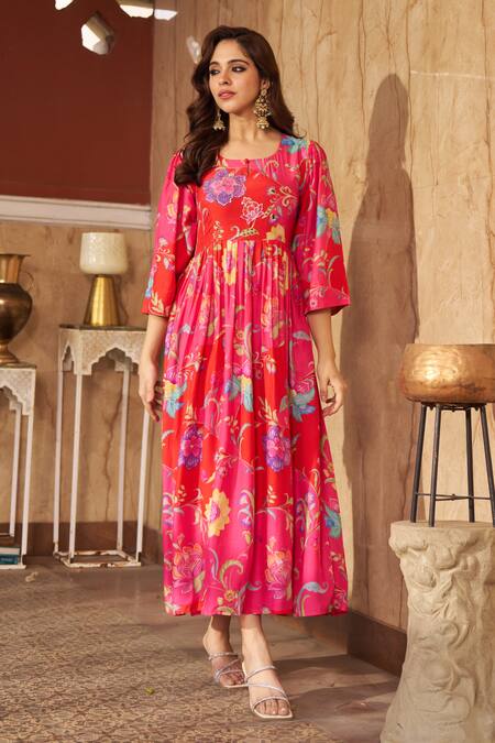 Buy Negra Elegante Pink Cotton, Silk Sequins, Embroidery Round Floral Print Gathered Midi Dress Online at Aza Fashions Buy_Negra Elegante_Pink Cotton, Silk Sequins, Embroidery Round Floral Print Gathered Midi Dress _Online_at_Aza_Fashions